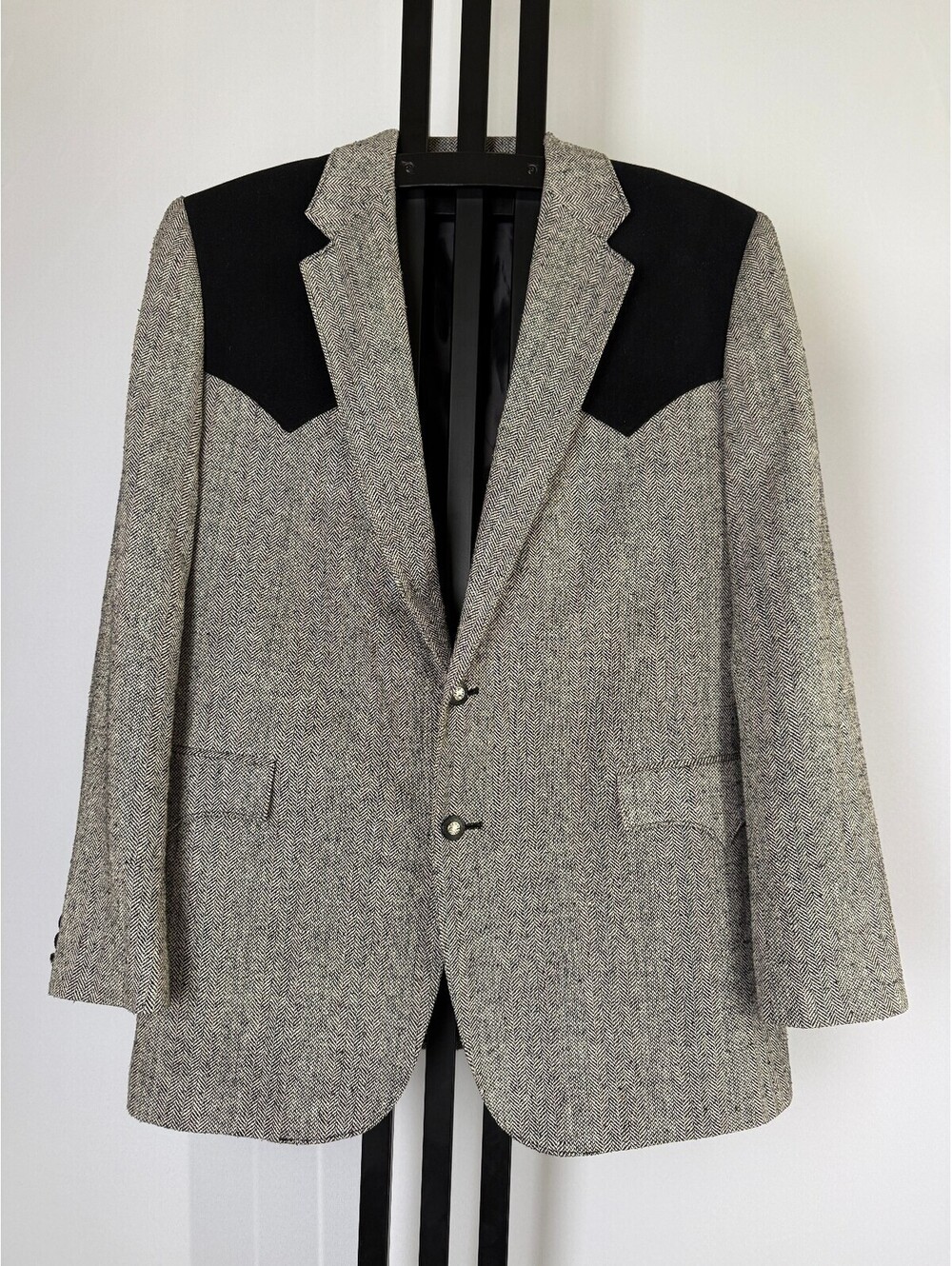 Circle S Western Sport Coat Mens 44L Silk Herringbone Tweed Yoke Vintage 90s